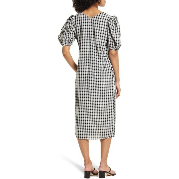 HALOGEN $128 Black White Gingham Check V-Neck Puff‎ Sleeve Midi Dress Medium - Picture 2 of 6